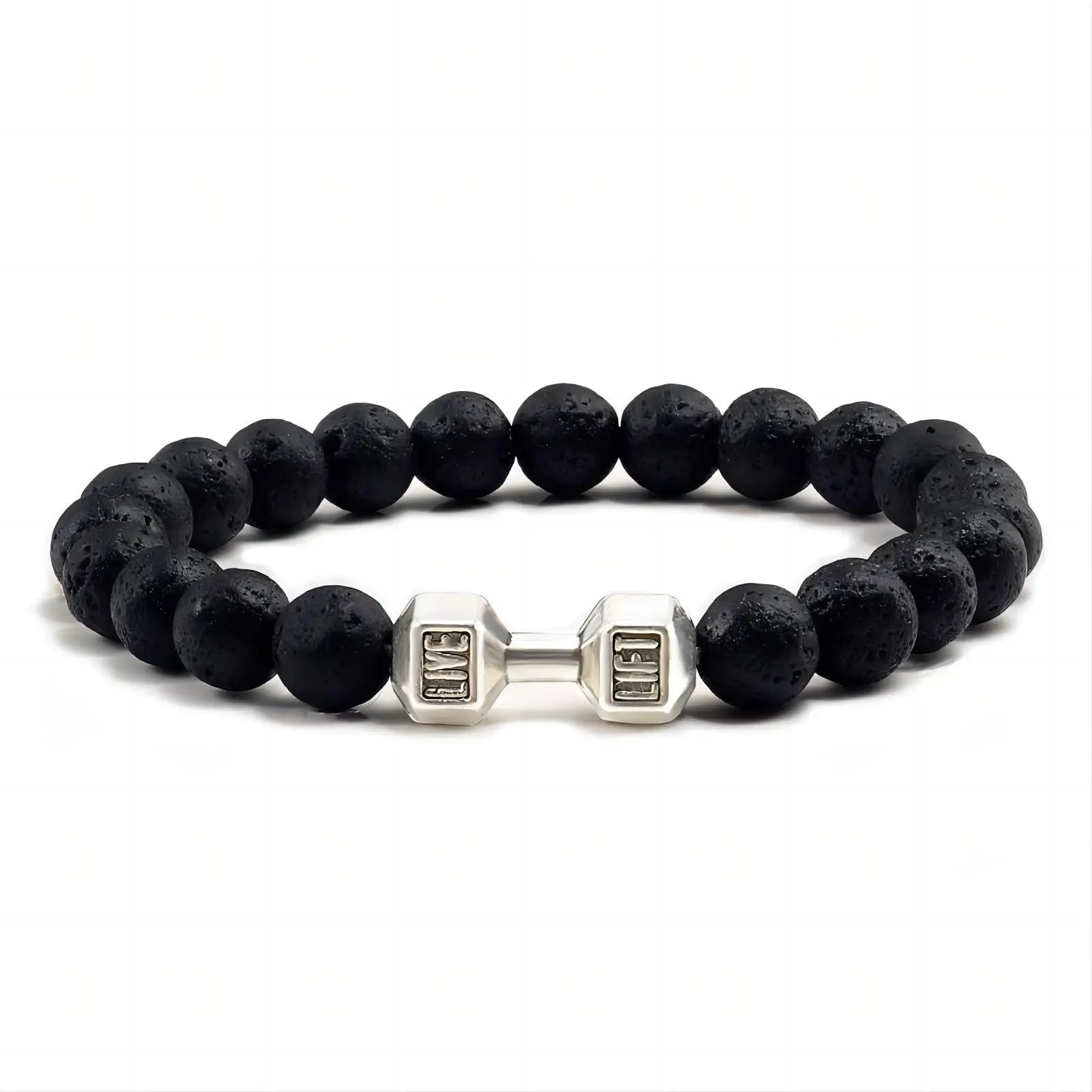 1pc Natural Black Volcanic Lava Stone Dumbbell Bracelet Black Matte Beads Bracelets For Women Men Fitness Barbell Jewelry Pulser