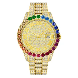 Hip Hop  Men Iced Out Watches Colorful Diamond Date Quartz Wristwatches Stainless Steel Strap Watch For Jewelry