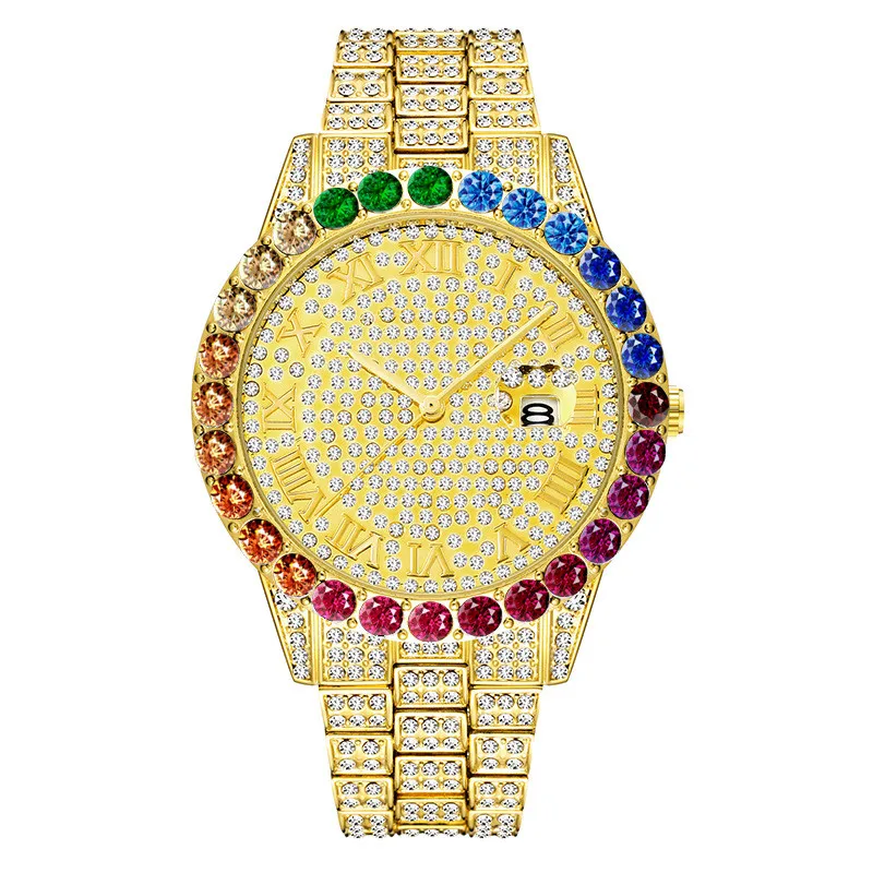 Hip Hop  Men Iced Out Watches Colorful Diamond Date Quartz Wristwatches Stainless Steel Strap Watch For Jewelry