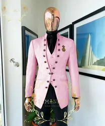 Pink Jacquard Men's Suit For Wedding Groom Tuxedo Stand Collar Formal Party Male Dress Blazer Pants Vest 3 Piece Costume Homme