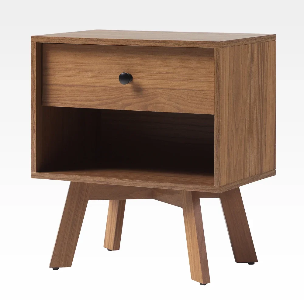 Mid-Century Modern Minimalist 1-Drawer Nightstand，Wooden bedside table, two-layer retro bedside table, bedside storage cabinet