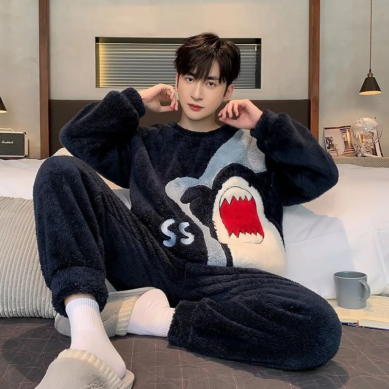 Men Winter Pajamas Youth Coral Fleece Thickened Fleece-Lined Cartoon Homewear Suit Casual Round Neck Warm Nightclothes Sets 2024