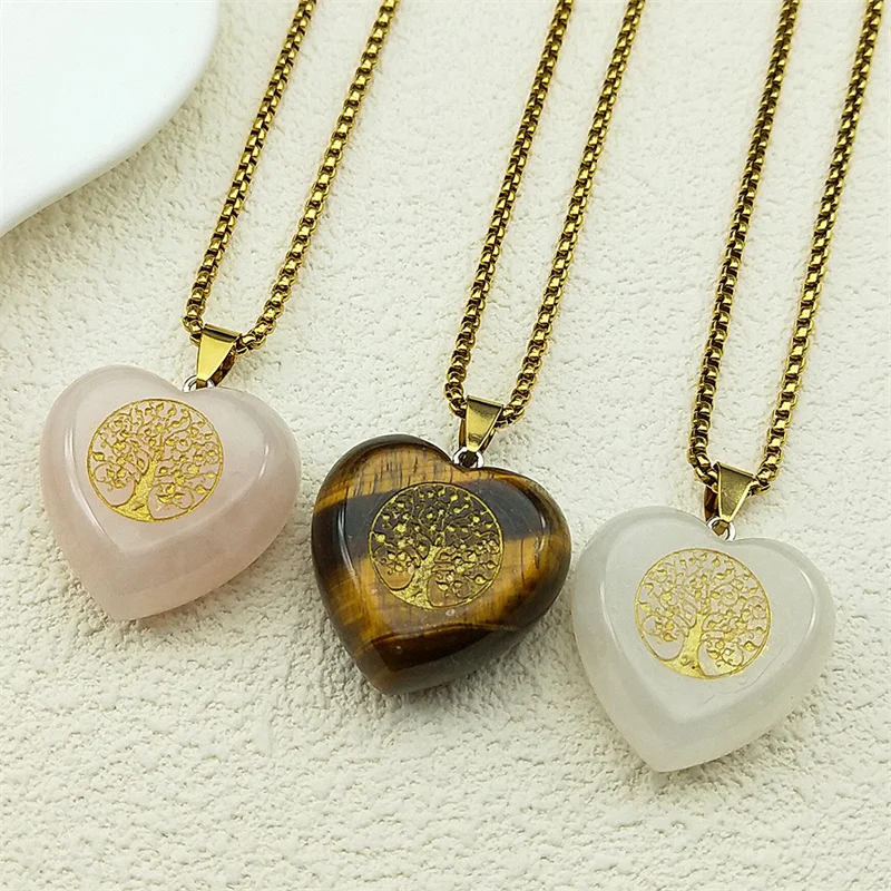 

Pink Crystal Heart Shaped Tree of Life Necklaces for Women Men Stainless Steel Gold Color Chain Tiger Eye Stone Jewelry Gift