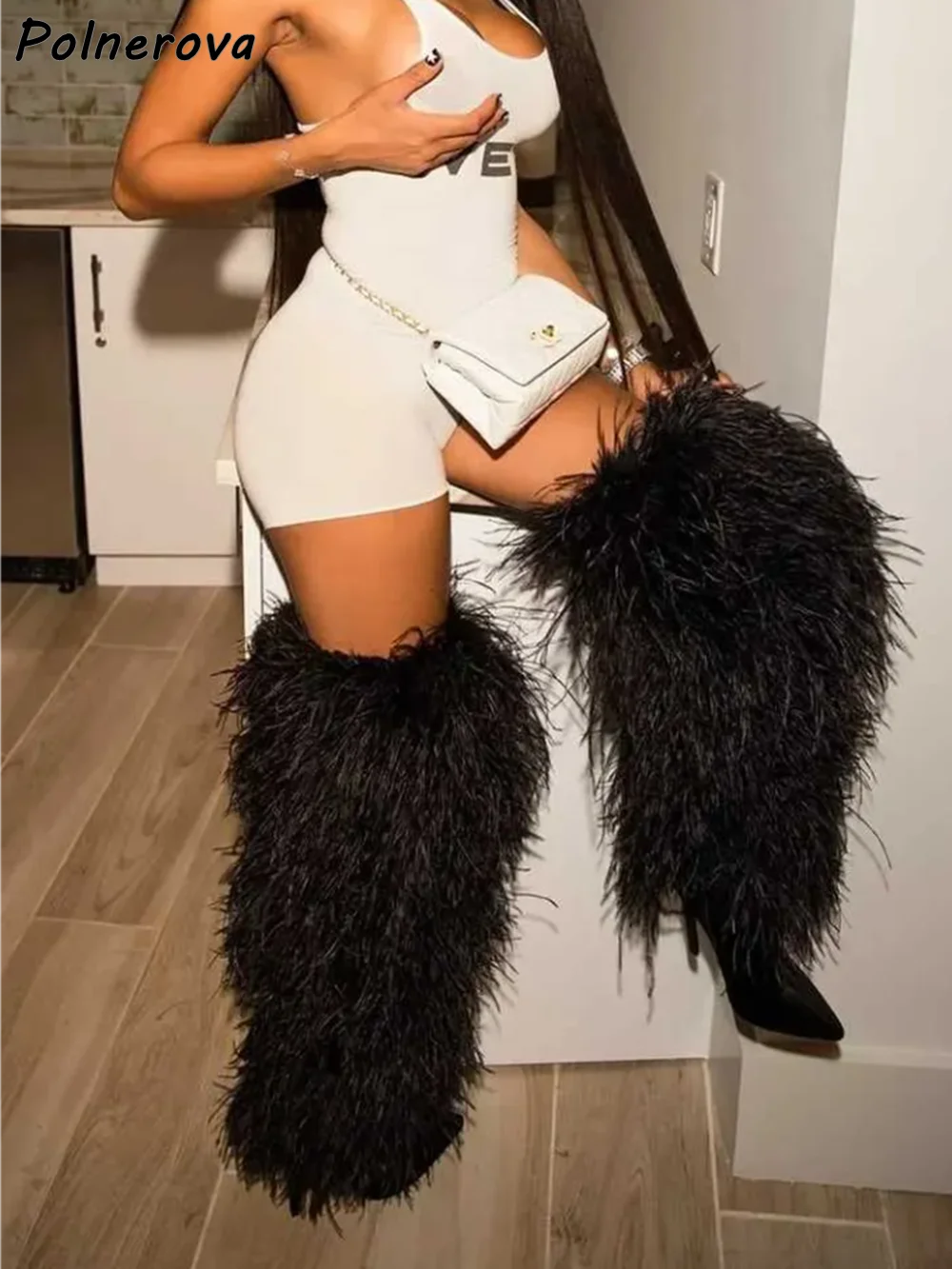 Soft Fur Black Knee High Boots Winter Warm Furry Pointy Toe Thin Heels Slip On Shoes Women's Winter Sexy Luxury Long Boots 2025