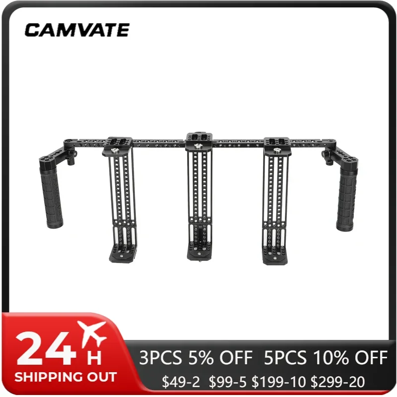 CAMVATE Adjustable Director's Monitor Cage Rig Triple Mount with Dual Rubber Rod Handgrips for 5 to 8