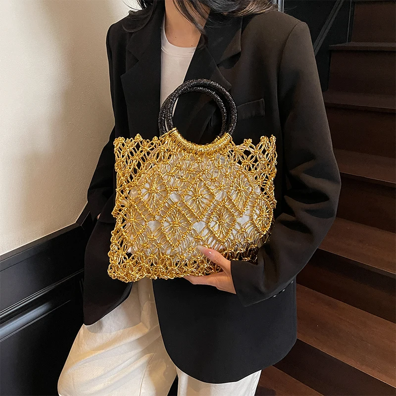 

Fashionable Gold Silver Square Straw Bag Light Luxury Creative Design Round Hand-held Hollow Handbag Seaside Holiday Beach Bag