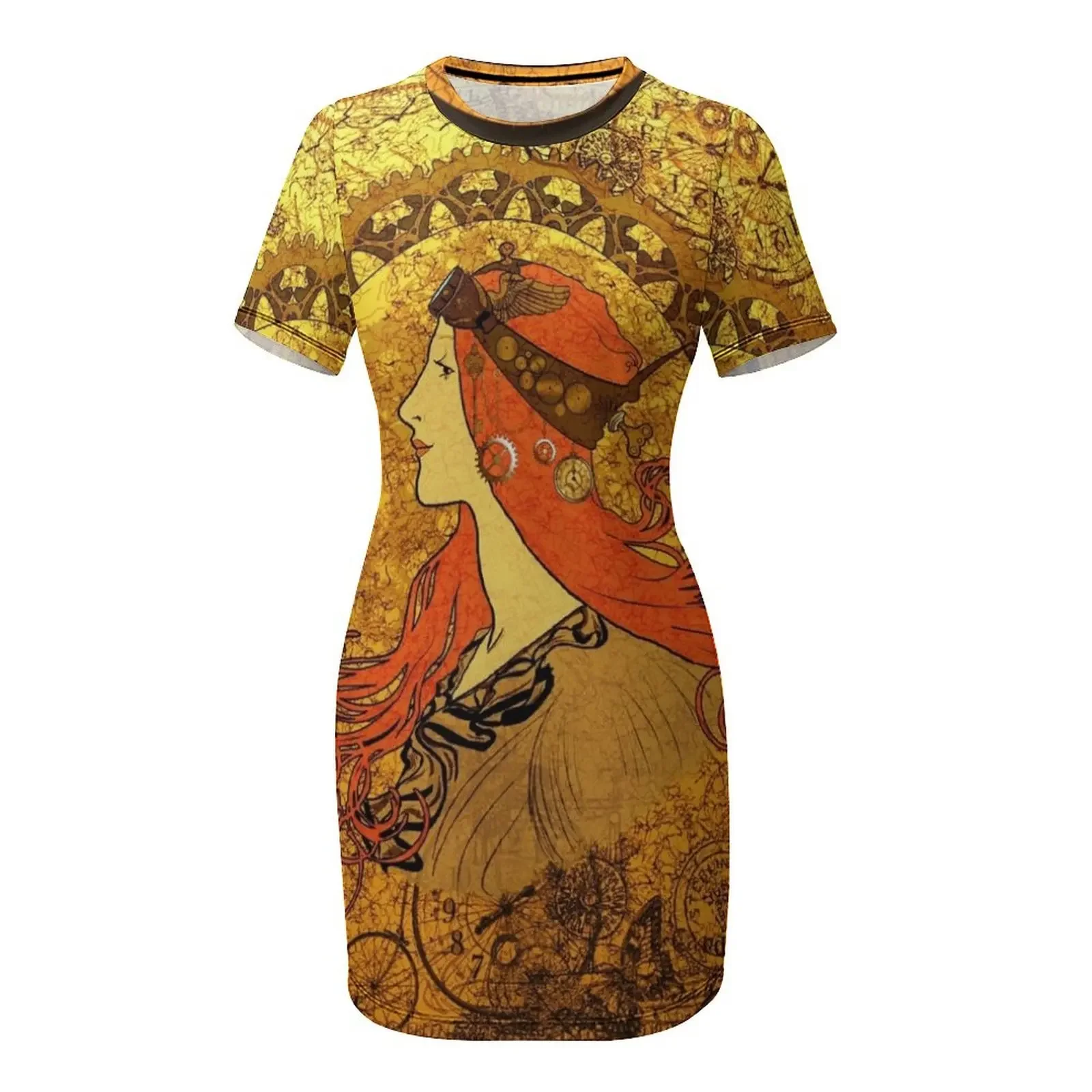 ชุดเดรสแขนสั้นสไตล์สตีมพังก์ลายจักรราศี (แบบมูชา) ชุดเดรสยาวสไตล์เกาหลีสำหรับผู้หญิง ชุดเดรสฤดูร้อนสำหรับงานพรอม