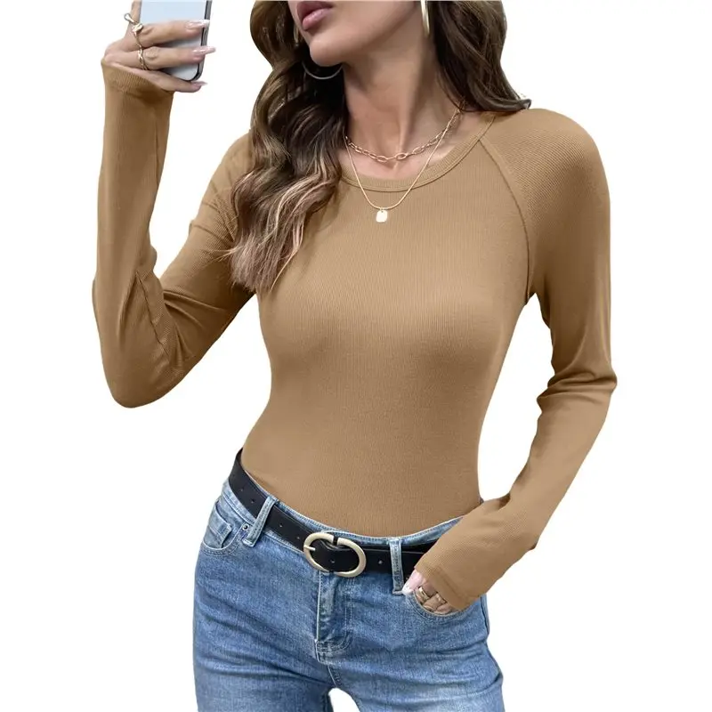Women's Crew Neck Raglan Sleeve Ribbed Fitted Long Sleeve Base Layer Top Khaki XL Eco-Friendly