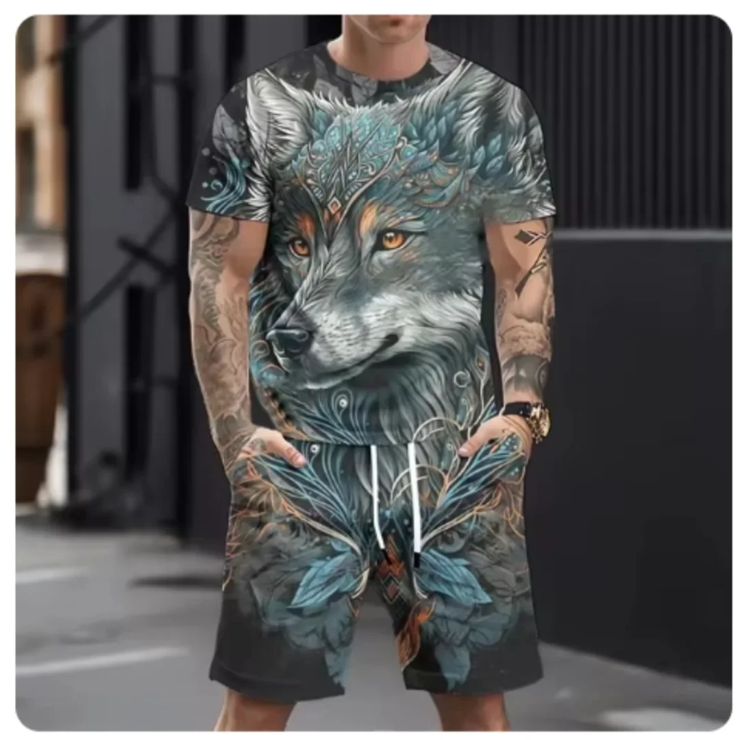 Hot-selling Men's Casual 3D Printed Wolf Pattern Sportswear Set, Super Loose Men's Top, Refreshing Style Summer Casual Breathabl