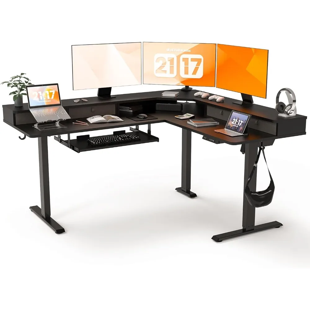 

Угловой стол-трансформер L-образной формы с USB-портом для зарядки и 4 ящиками, электрический регулируемый по высоте, 63x55 дюймов, настраиваемый