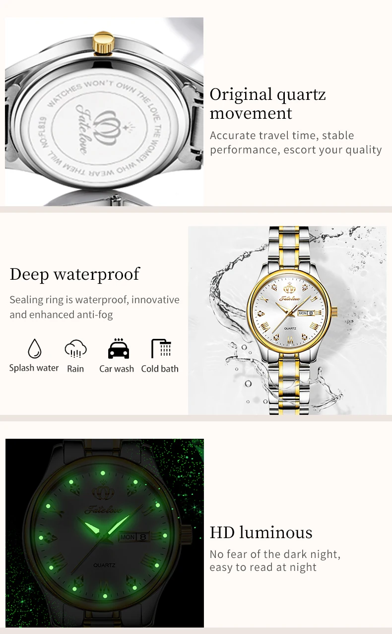 Fate Love 819 Classics Women Watch Stainless Steel Luminous Waterproof Calendar Elegant Dress Quartz Watch for Women Original