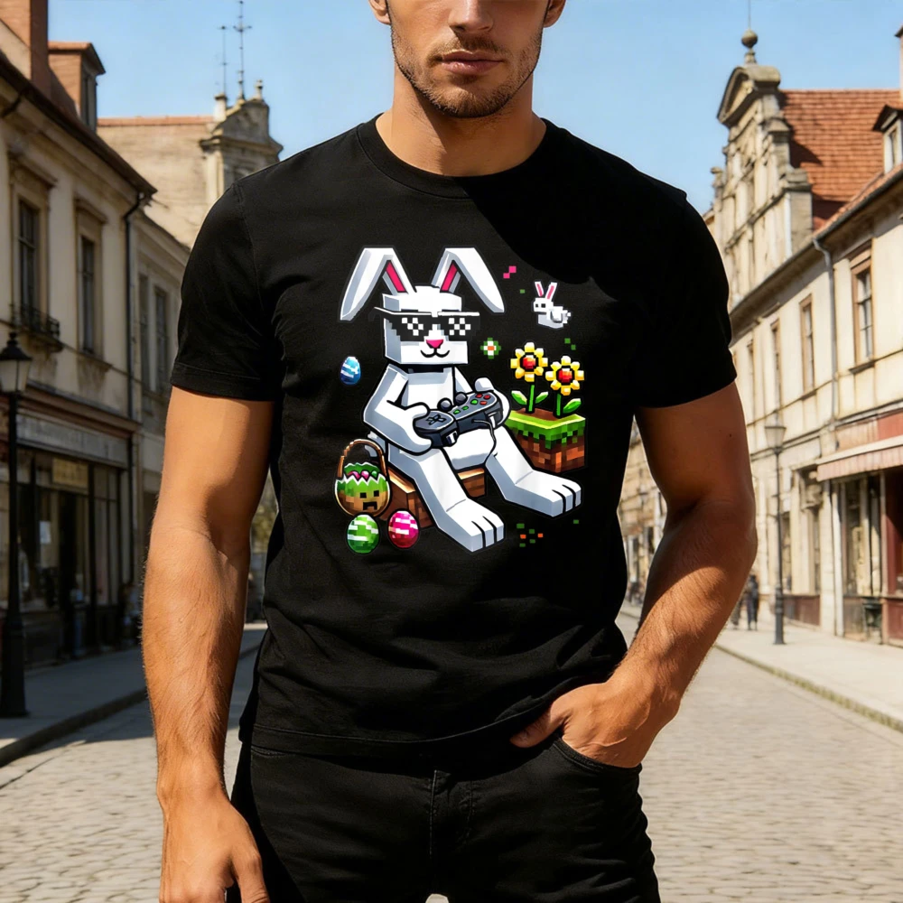 Easter Bunny Pixel Art Gaming Rabbit Men T-Shirt Cotton Casual Streetwear Gift for Easter Party Spring Festival Fashion Tops