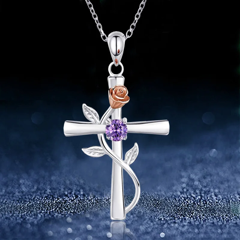 Exquisito collar de circón en forma de cruz de rosa para mujer, colgante de Cruz de flor a la moda, cadena para clavícula, accesorios de joyería DIY, regalo