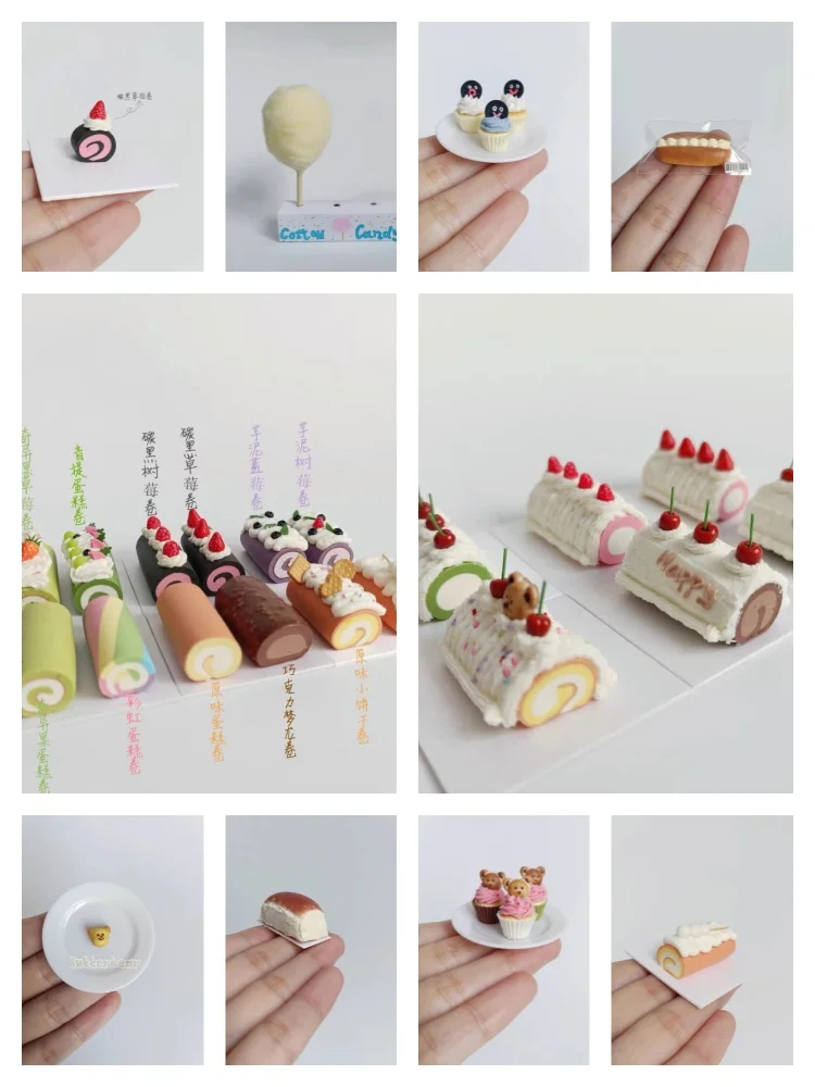 1/12 DollHouse Miniature Cream Cupcake Bjd Korean Decorated Bear Cake Swiss Roll  with Fruit Dol Kitchen Food Toy Accessories