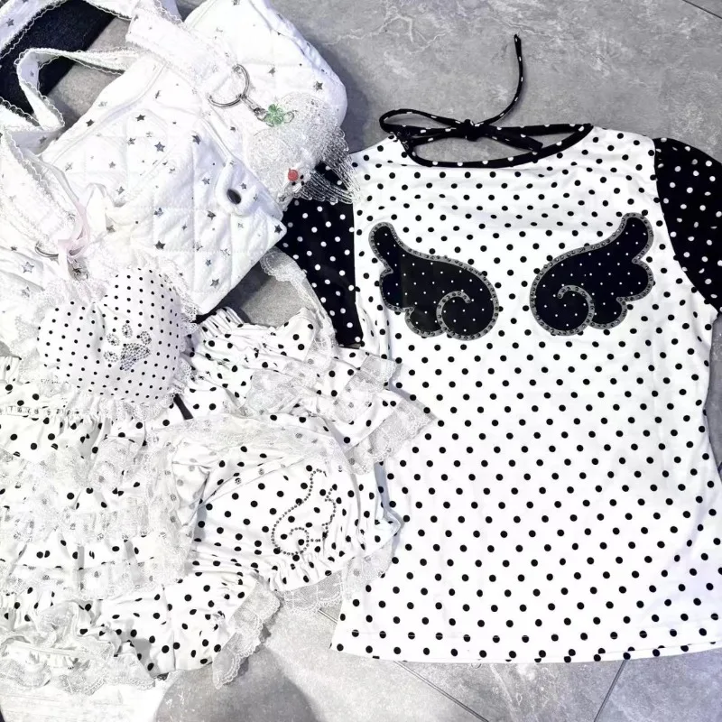 اليابانية الحلو هوتي تي شيرت الرجعية ثقافة فرعية البولكا نقطة طباعة بلايز Harajuku الدانتيل المرقعة تيز المرأة سليم Y2K Kawaii القمم #6