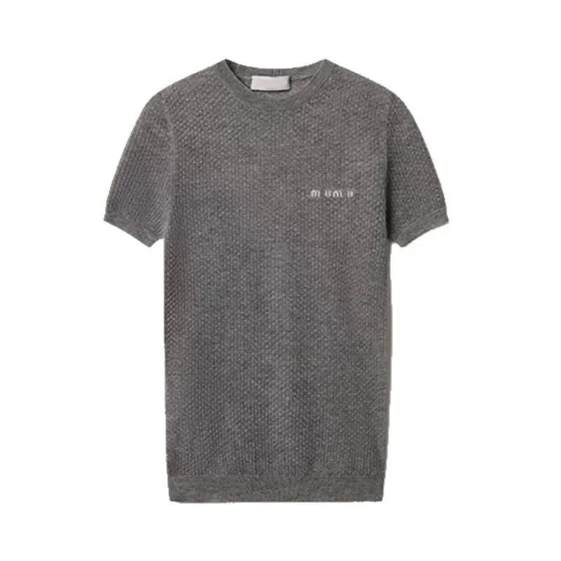 سترة محبوكة خفيفة الوزن من سلسلة Miu من الكشمير بأكمام قصيرة ورقبة دائرية مفرغة وطبقة أساسية للنساء برقبة دائرية #5