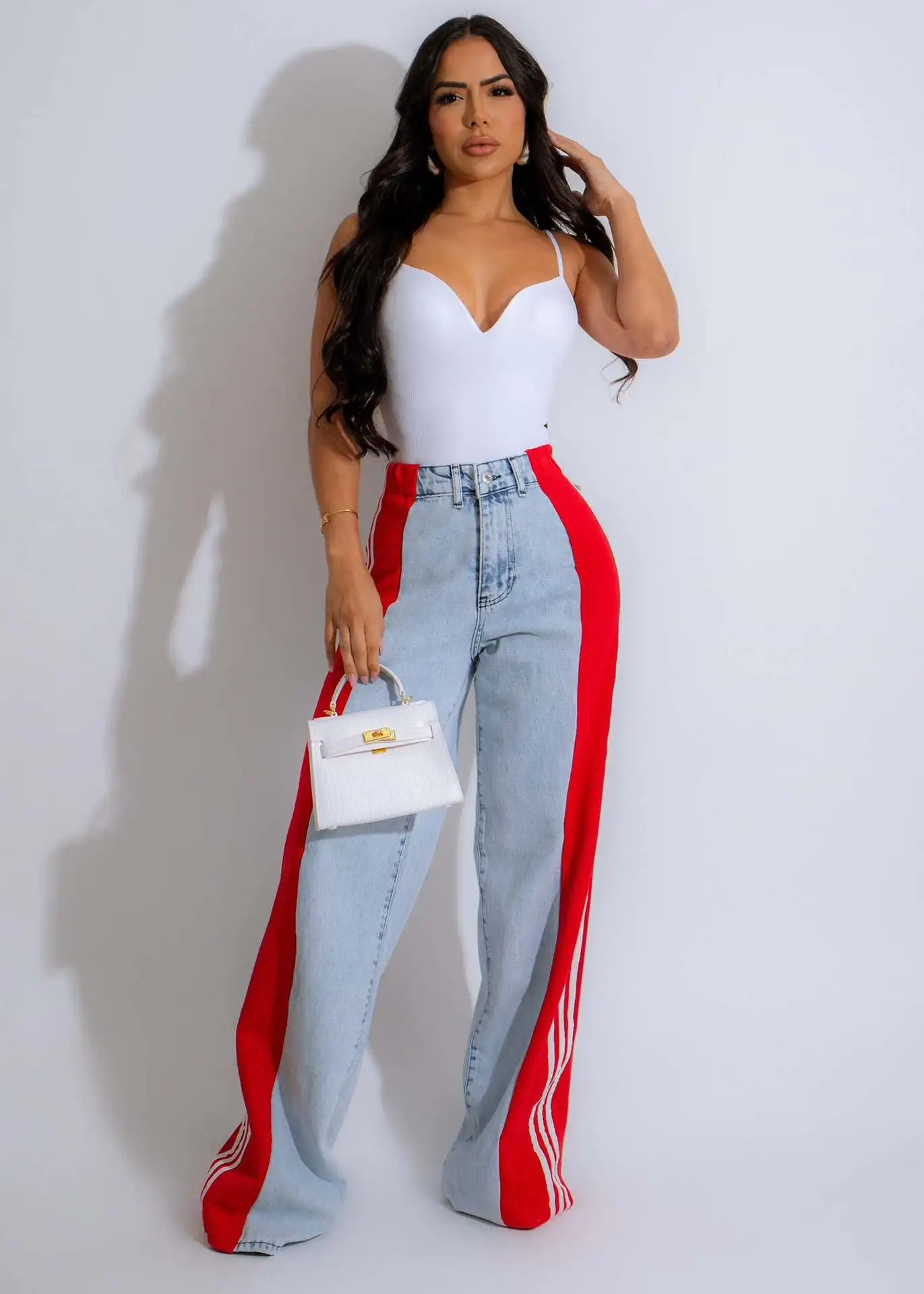 Women'S Denim Pants Summer Fashion Side Patchwork Striped Wide Leg Jeans Lady Casual High Waist Elastic Denim Straight Leg Pants