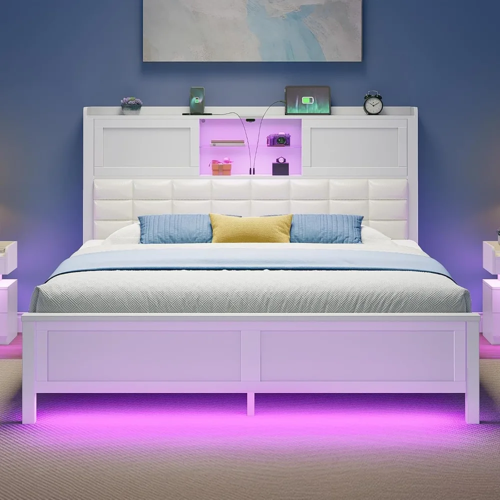 

LED Twin Size Bed Frame with Charging Station, Platform Beds with Wooden Slats, No Box Spring Needed, Noise Free, Bed Frame