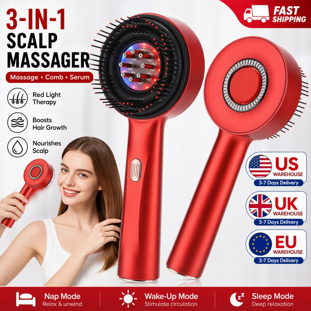 Electric Red Light Scalp Massager Comb with 8 Liquid Roller Balls (630nm Phototherapy) – 3 Massage Modes, 72 Nodes, 6ml Oil Applicator & USB Rechargeable for Hair Growth, Thinning & Stress Relief