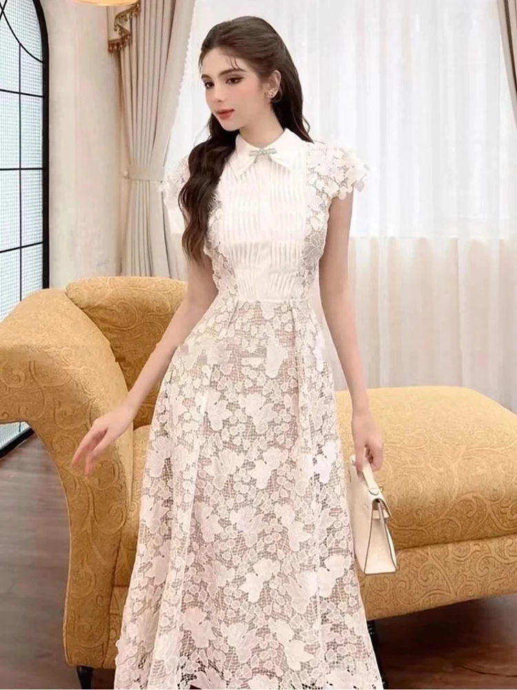 DEAT Elegant Dress 3D Flower Lace Embroidery High Waist Pleated Women\'s Evening Party Dresses 2024 Summer New Fashion 35Z866