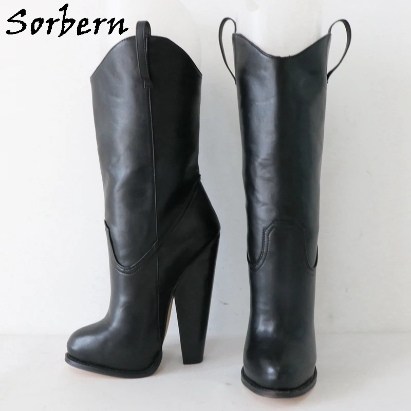 Sorbern Black Matte Wide Ankle Boots Women Block High Heel Stilettos Cute Round Toe Hidden Platform Shoes Slip On Unisex Booties