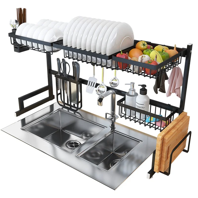 

Classic Style 2-Tier Sink Dish Drying Rack 304/201 Stainless Steel Kitchen Organizer Shelf Standing Drainer Storage Holders Rack