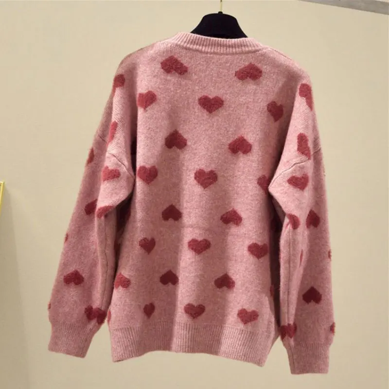 Heart Shaped Dot Sweet Lovely Mink Knit O-Neck Long Sleeve Pullover Women\'s Sweater Female Sweaters Tops Woman Clothing Fashion