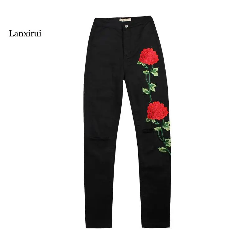 Pantalones vaqueros Vintage con bordado de flores para mujer, vaqueros de cintura alta, elásticos, ajustados