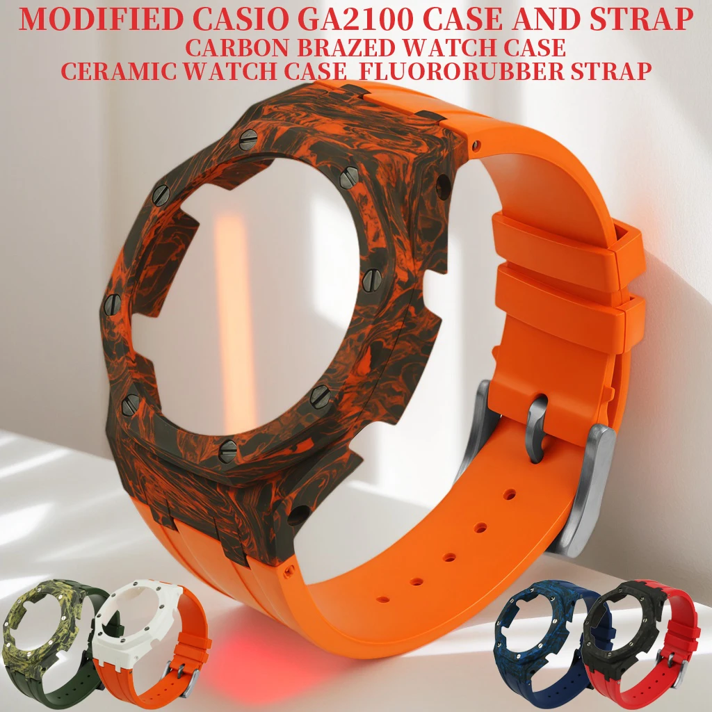 ل كاسيو GA2100/GA-2110 تعديل ألياف الكربون حالة فلوروروبر حزام مزرعة البلوط مجموعة علبة سيراميك تعديل ساعة الملحقات
