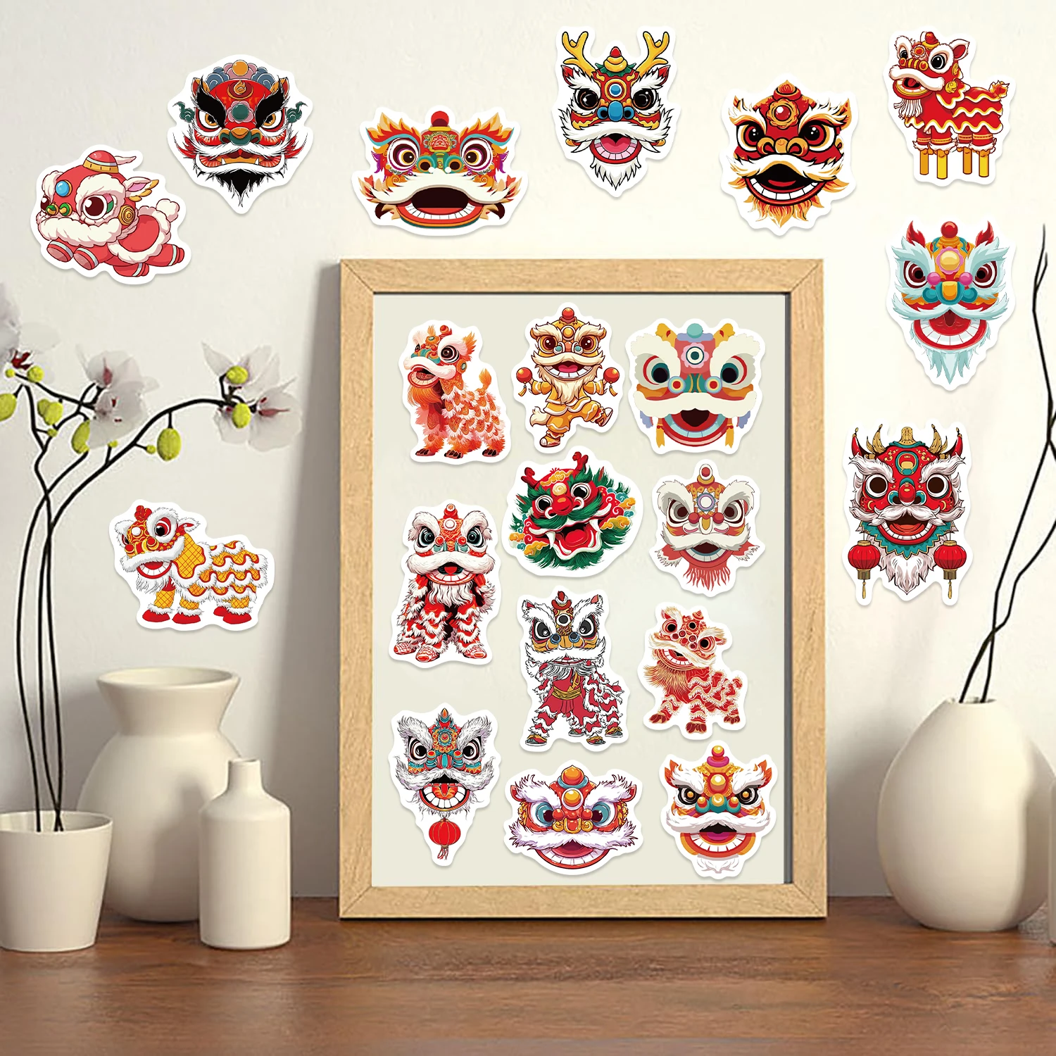 สติกเกอร์ลายสิงโตเต้นรำแบบจีน 50 ชิ้น สติกเกอร์การ์ตูน PVC สไตล์สร้างสรรค์ ลายสิงโตต้อนรับปีใหม่ สำหรับตกแต่งเคสมือถือ