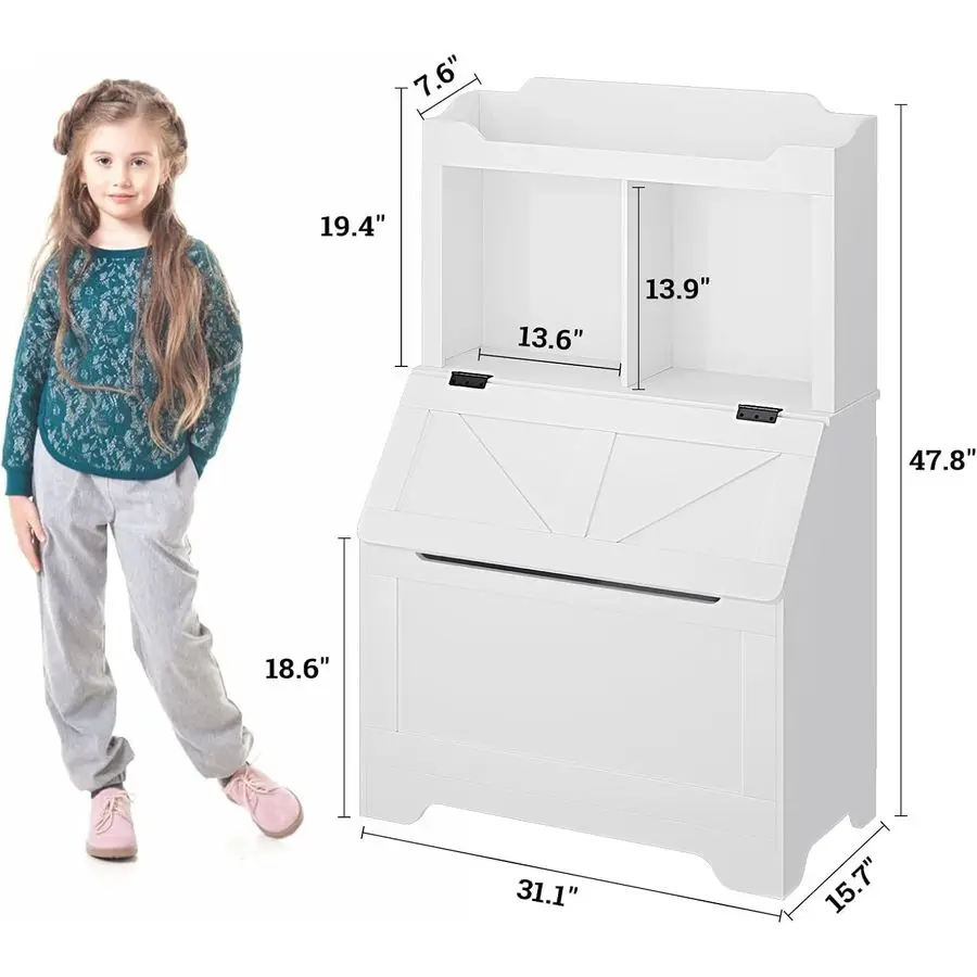 어린이 책장, 플립탑 뚜껑과 수납칸이 있는 장난감 보관함, 놀이방, 어린이 방, 침실에 적합한 나무 어린이 책장