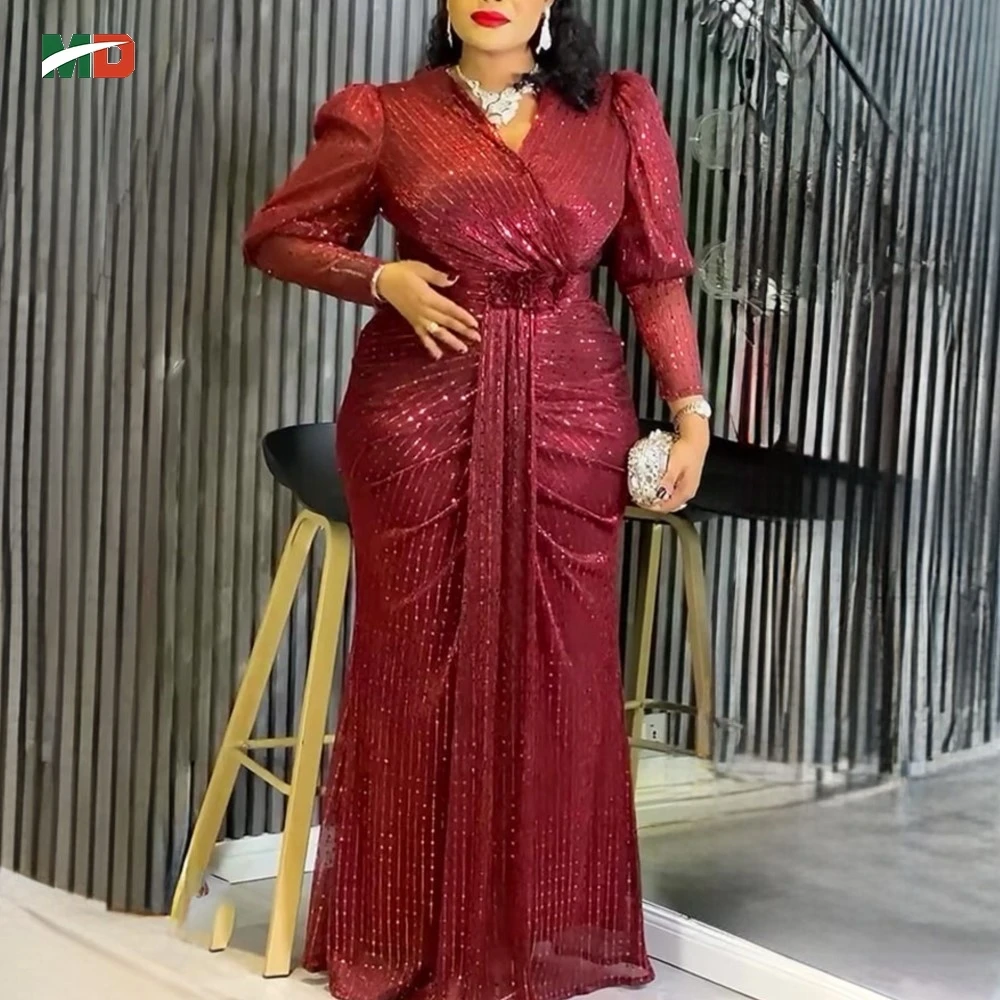 

MD Африканские платья для женщин Плюс Размер Турция Платье V-образным вырезом с длинными рукавами Русалка Халат Свадебное платье Роскошная африканская одежда