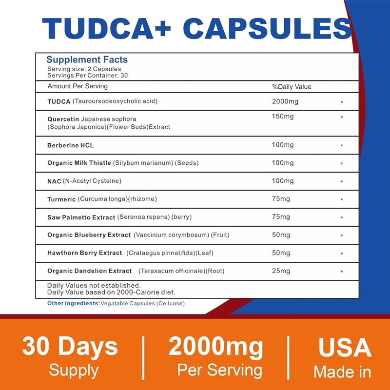 2000mg Tudca Liver Support Supplement, 60 capsules, supports the liver, detoxification, and immune system