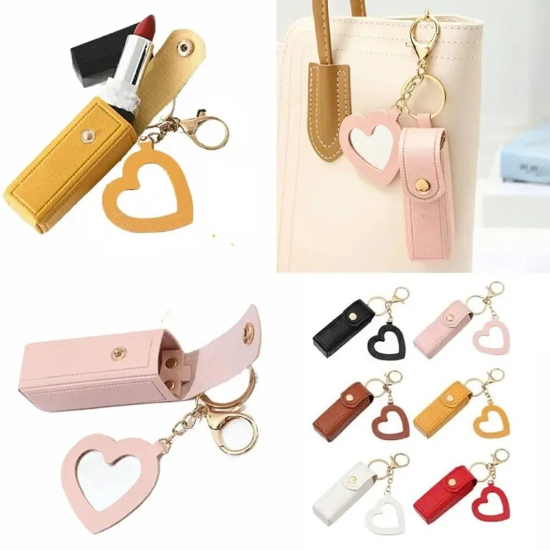 1pcs Portable Pu Leather Lipstick Bag Mini Makeup Pouch Lip Balm Bag Keychain Holder Lipsticks Protective Cover with Mirror