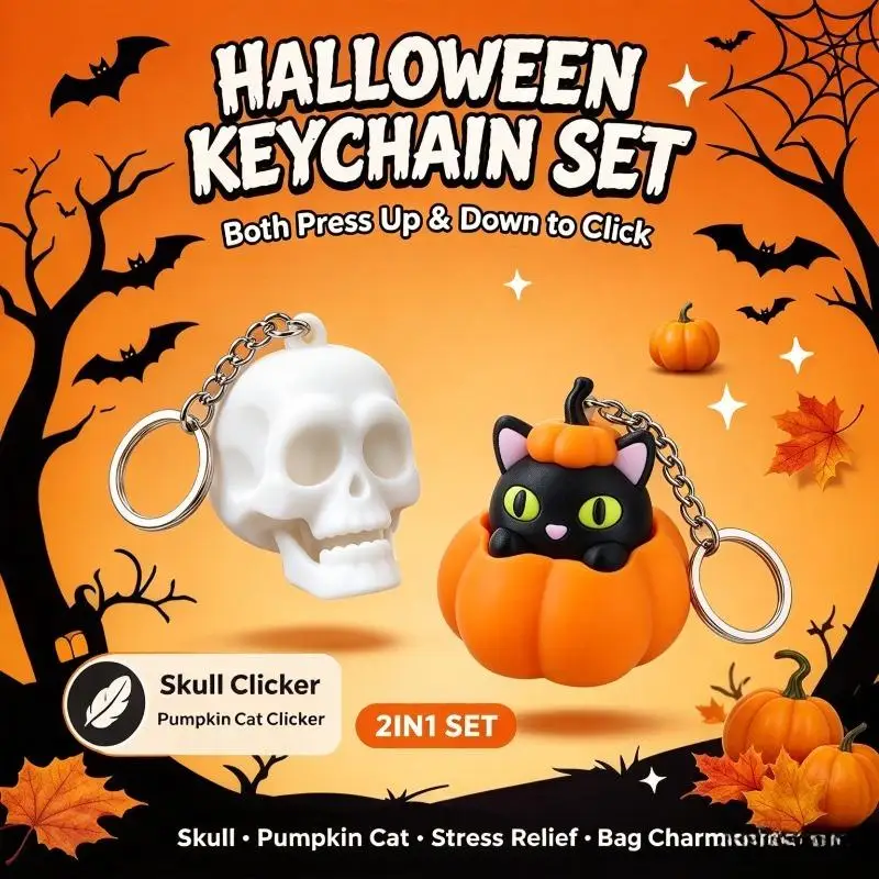 Halloween 3D Printed Fidget Keychain Skull Clicker Pumpkin Cat Stress Relief Pendant Backpack Charm Party Gift for Kids Adults