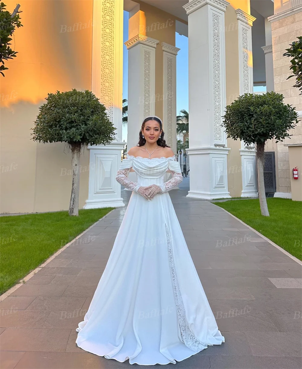 바프타페 맞춤형 새틴 레이스 웨딩드레스 아랍 스타일 긴 소매 신부 드레스 코르셋 백 포멀 파티 신부 촬영 드레스