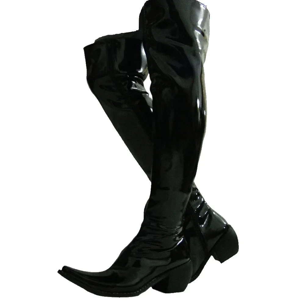 Fashion Men Patent Leather Over The Knee Boots Chunky Heel Thigh High Stretch Pointed Toe Dressy Shoes Western Riding Boots Zip