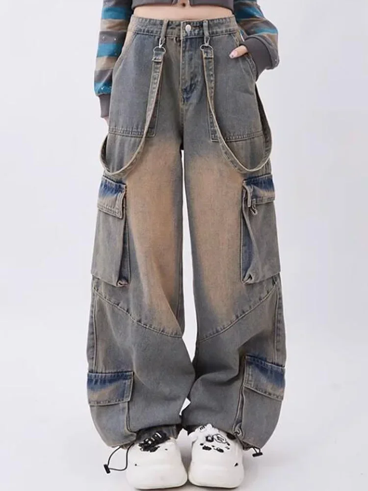 

Y2k Cargo Jeans Pants Women Rave Pants Street Oversize Loose Wide-leg Pockets Female Pant Vintage Hip Hop Denim Trousers