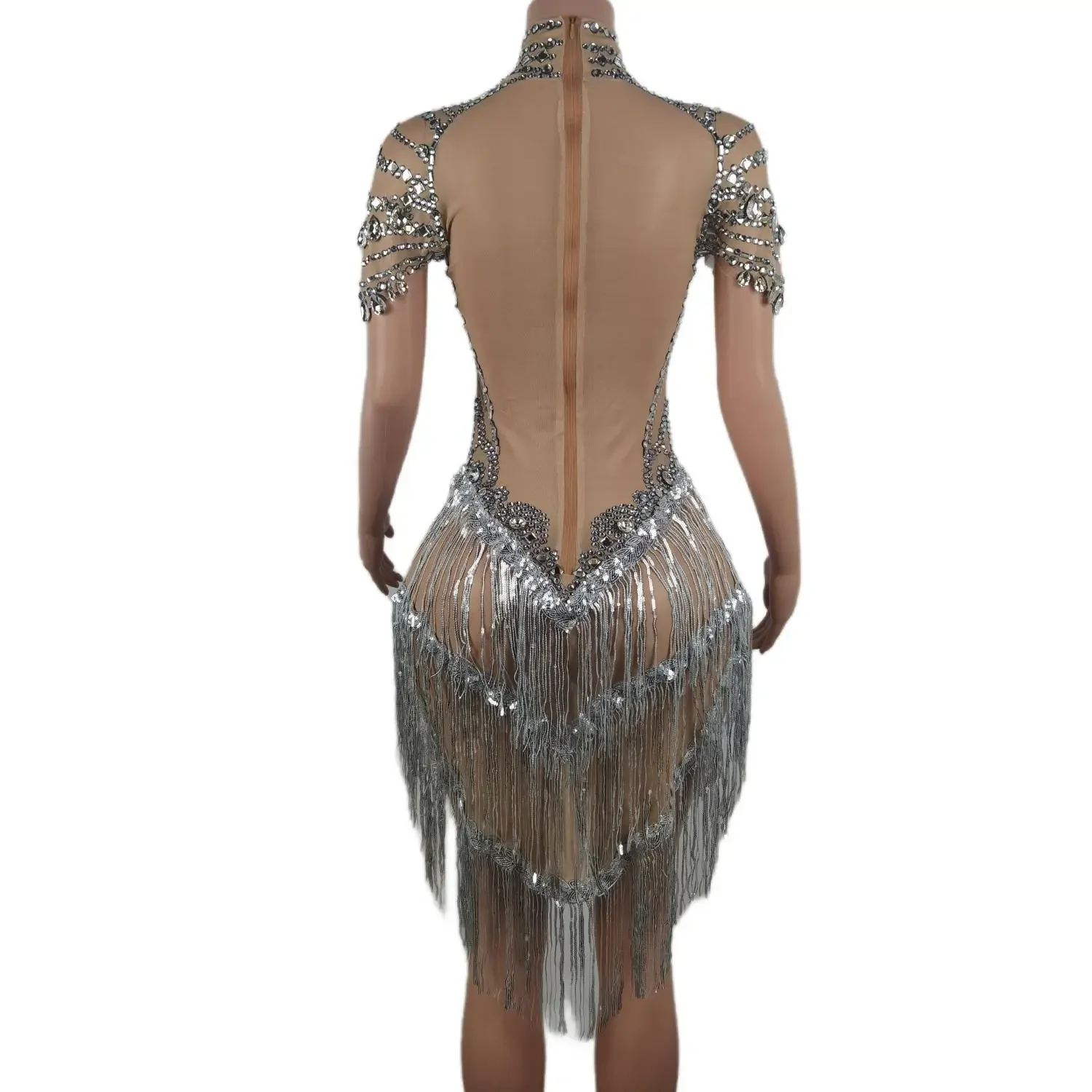 Lady Sparkle Silver Rhinestone Mesh Dress Sequins Tassels Women Birthday Party Celebrate Dress Nightclub Showgirl Stage Costumes