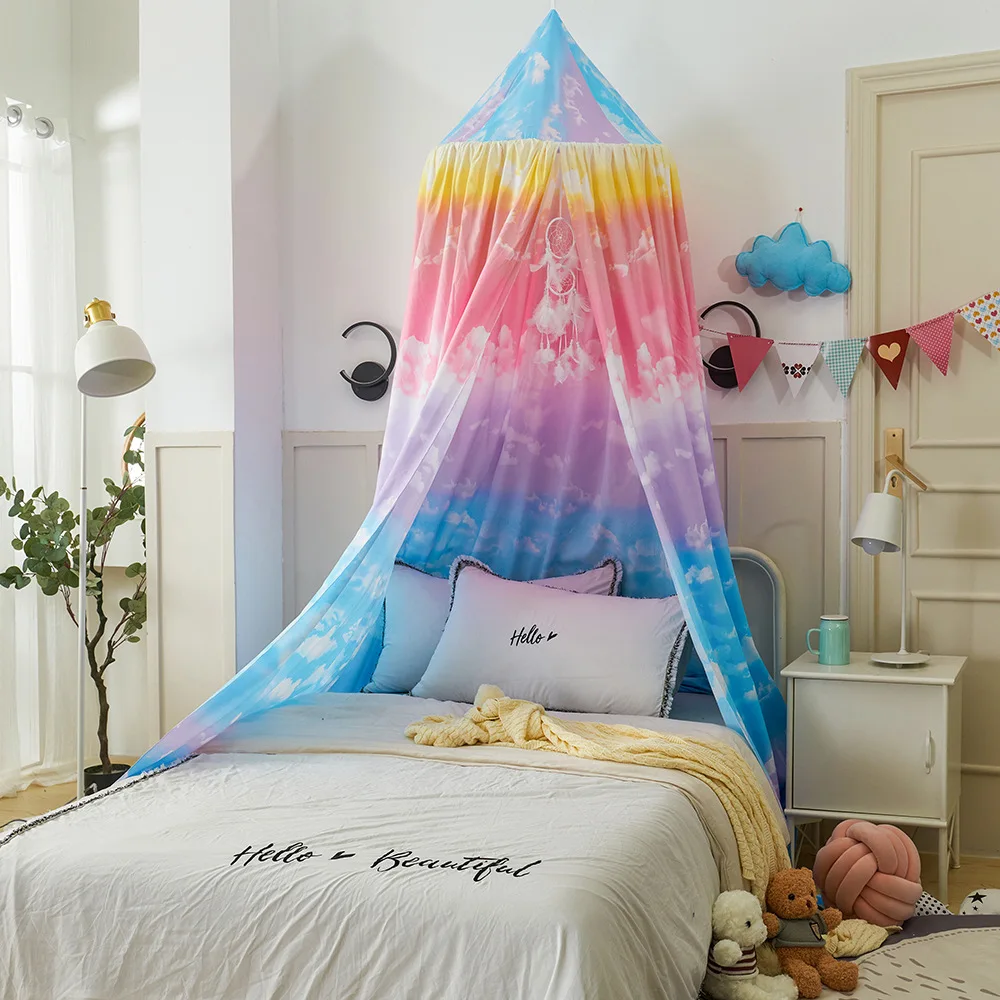 Children's Mosquito Net Printing Rainbow Children's Bed Curtain Household Dome Shading Wind Proof Hole Free Installation Tent