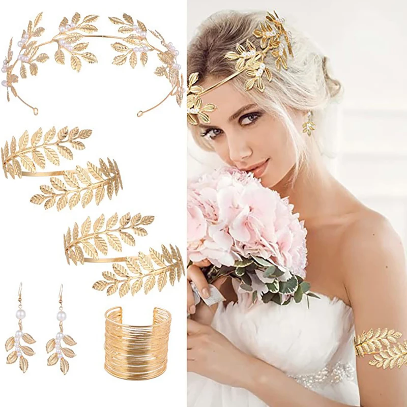 Jardme Retro Golden Leaves Jewelry Set for Women Greek Goddess Adjustable Headwear Bracelet Set Baroque Style Jewelry
