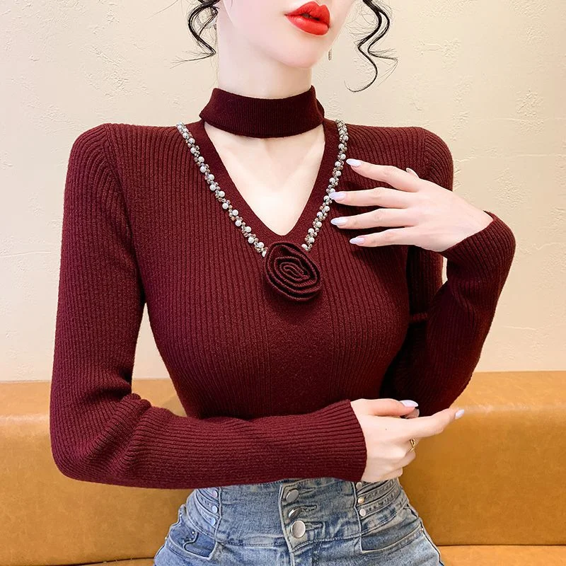 2025 Neue Herbst Sexy Hohl Pullover Feminine V-need Schlank Bodenbildung Mode Top