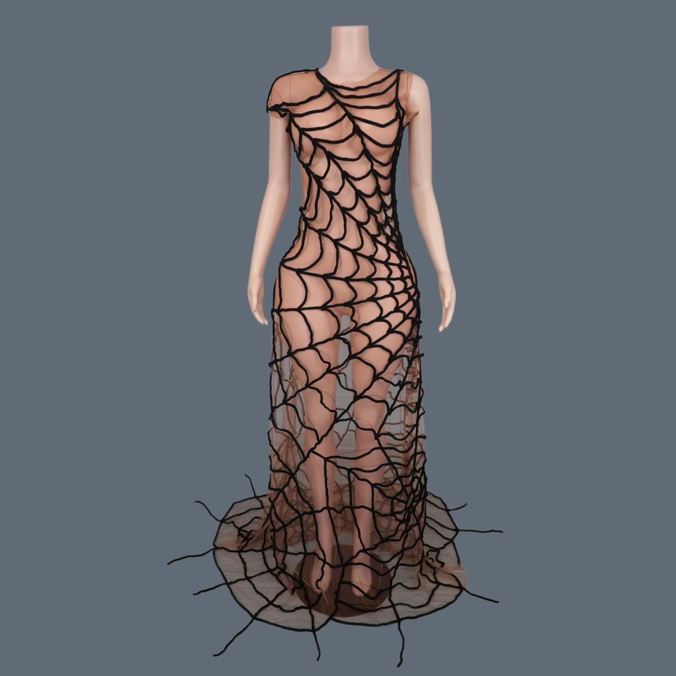 

Spider Web See Through Mesh Long Dress Night Party Outfit Drag Queen Performer Showgirl Wear Dance Stage Party Outfit Zhiwen