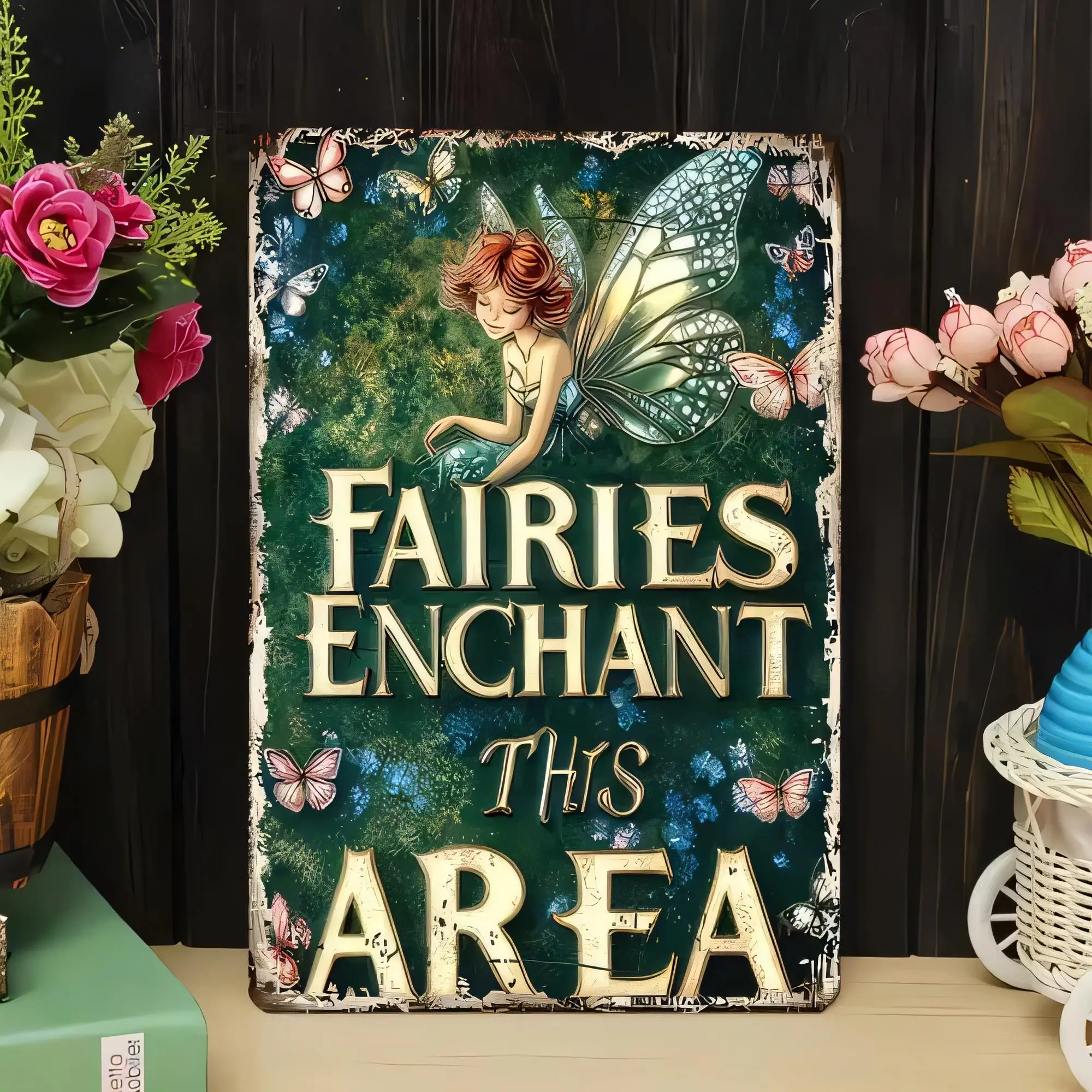 Tin Sign Fairies Enchant This Area Vintage Metal Plaque Wall Art Decor for Bedroom Living Room Garden Fairy Tale Rustic Cottagec
