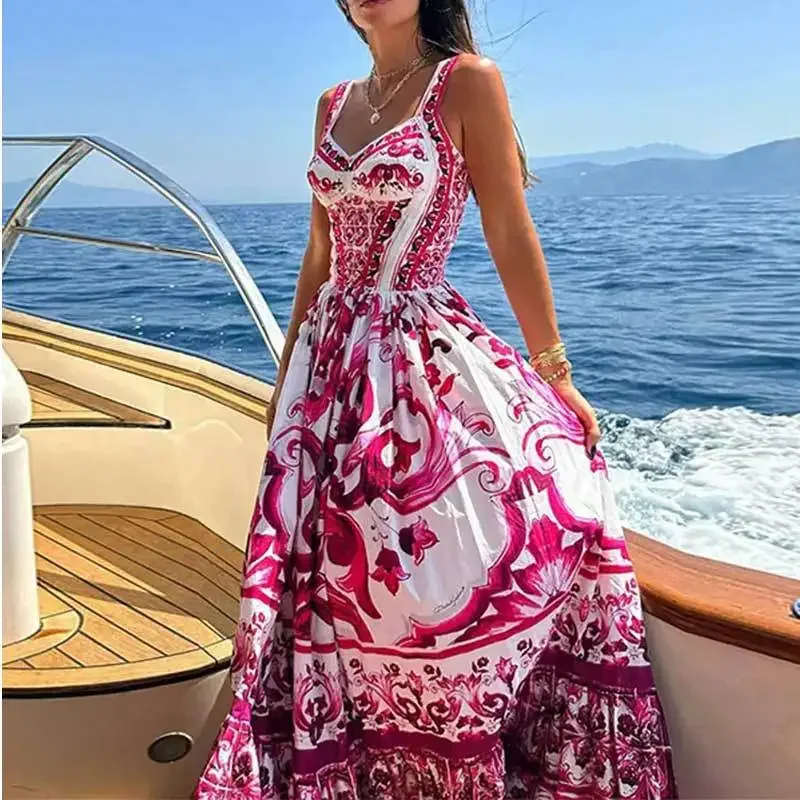 Abito estivo nuovo floreale a linea A Abito da donna Boho elegante leggero di lusso di media lunghezza stampato a vita alta con orlo a sbuffo