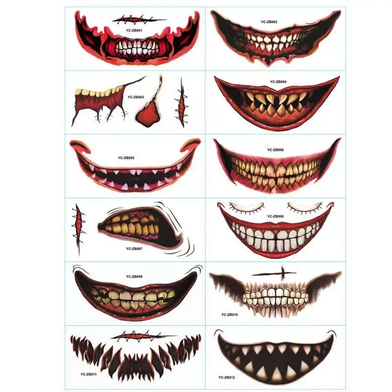 Temporary Tattoos Halloween Makeup 12 Sheets Horror Clown Mouth Stickers Halloween Face Body Makeup Waterproof Realistic Scar