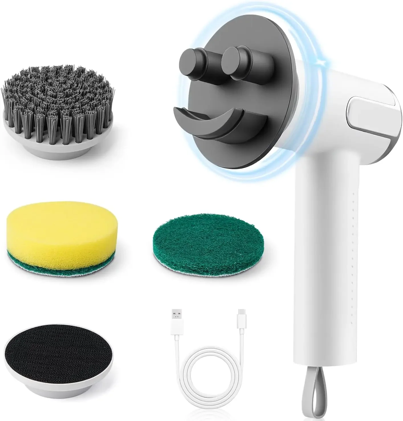 Purificador giratório elétrico de 2 velocidades IP7X à prova d'água, compatível com Scrub Daddy, 4 cabeças substituíveis, varinha de prato leve para forno