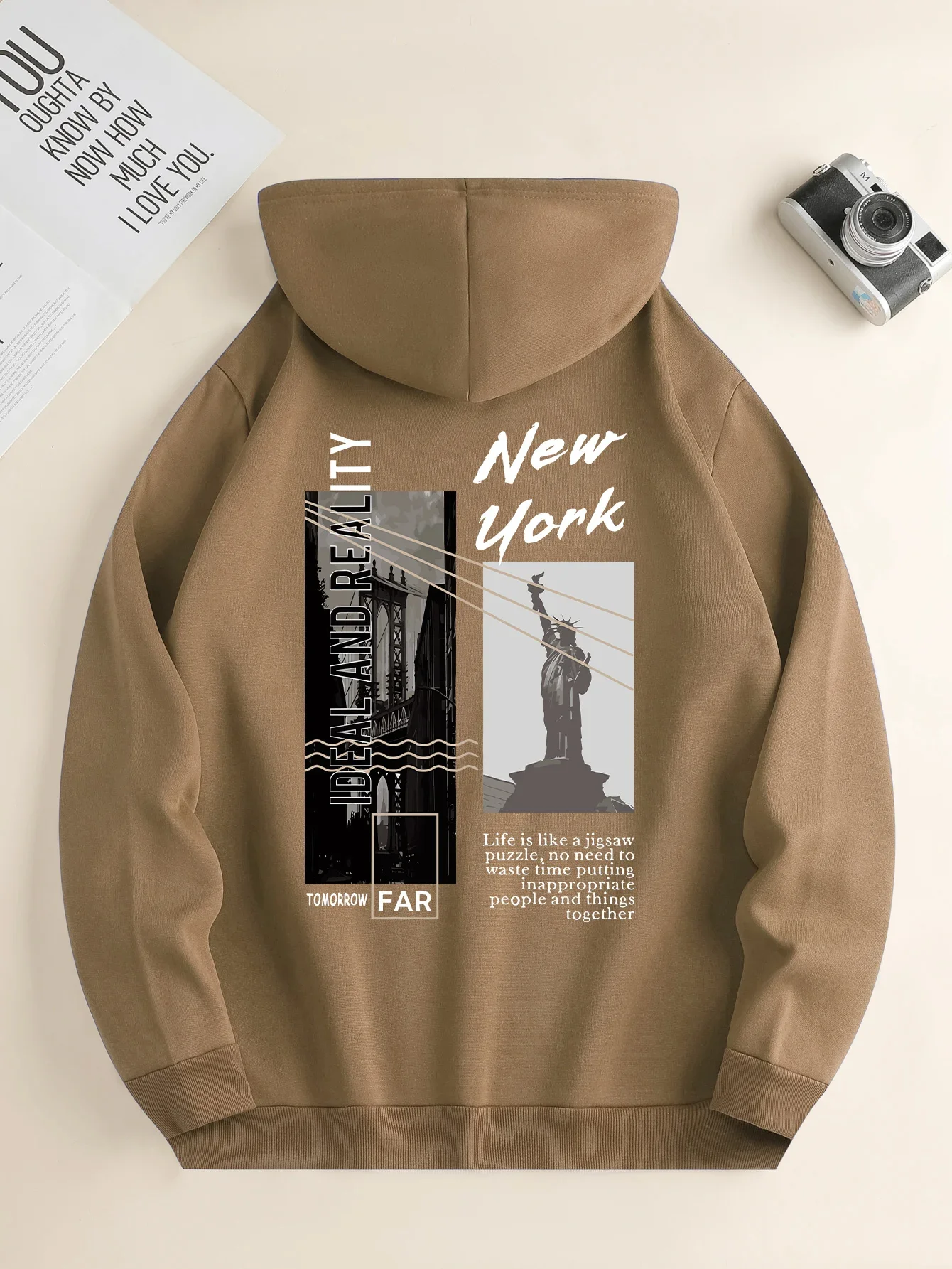 

Men's new fashion hoodie, Casual Daily Drawstring Hooded Sweatshirt Street View Print, front kangaroo pocket, men's jacket