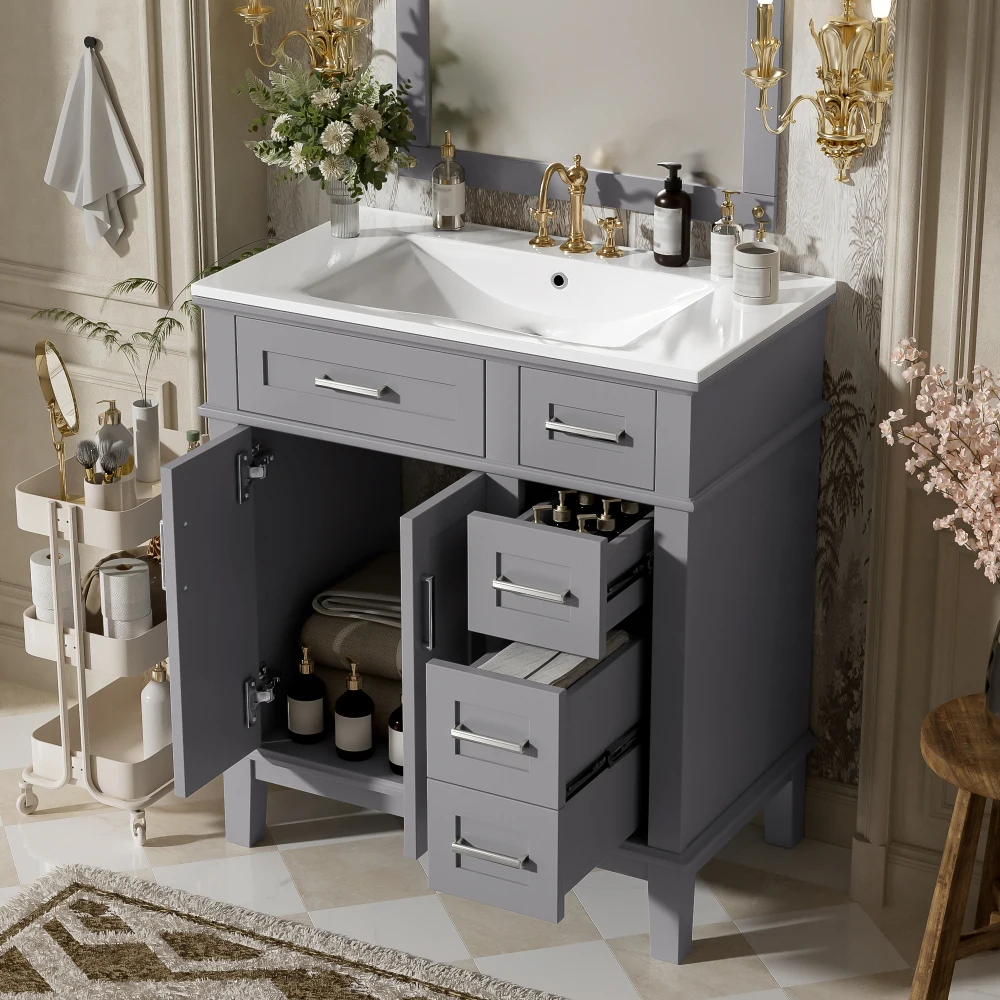 

30" Bathroom Vanity: Ceramic Sink, Storage (Soft-Close Doors, Deep/Std Drawers) Small Bath