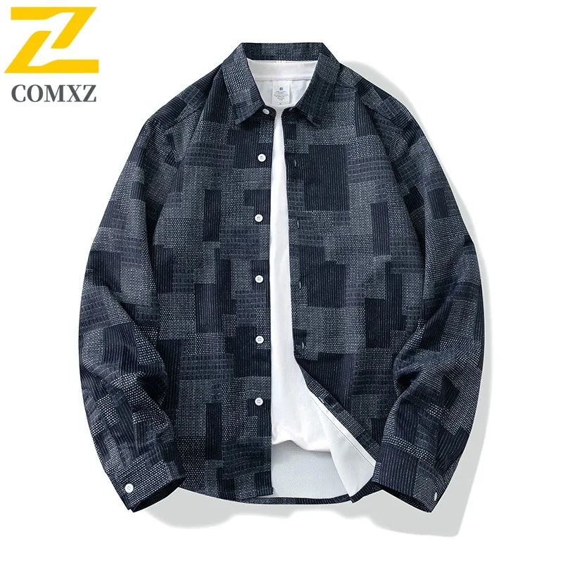 COMXZ Men Jacket Trendy Japanese Style Full Print Loose Fit Long Sleeve Outdoor Hiking Casual Lightweight Coat  Autumn Jackets